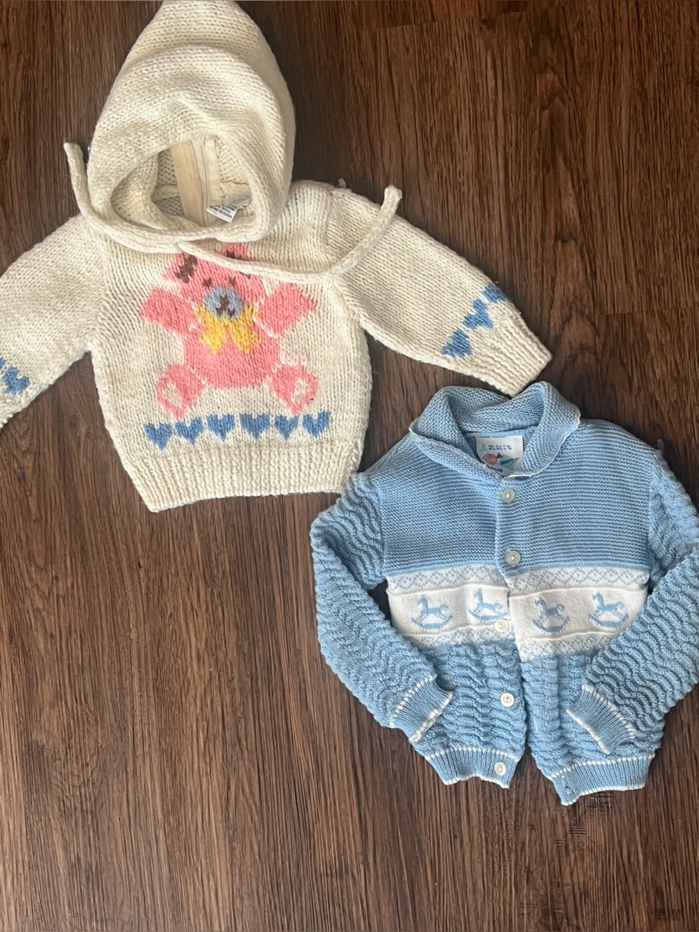 2 Vintage Blue and Cream Knit Baby Sweaters Set 6-9/9-12